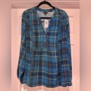 A022- Torrid Plaid Blouse NWT | Size 1 | Teal Blue Plus Size